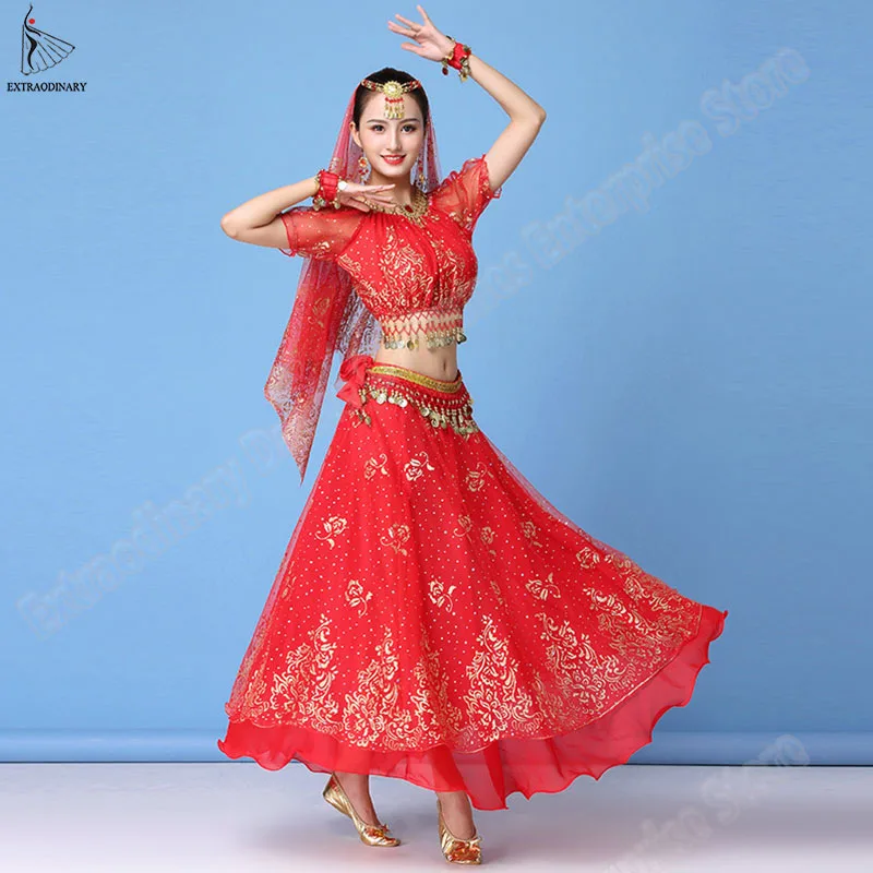 Top Trends: Bollywood Dress Costume Women Set Indian Dance Sari Belly Dance Outfit Performance Clothes Chiffon Top+ Belt+ Skirt Shoppable Styles