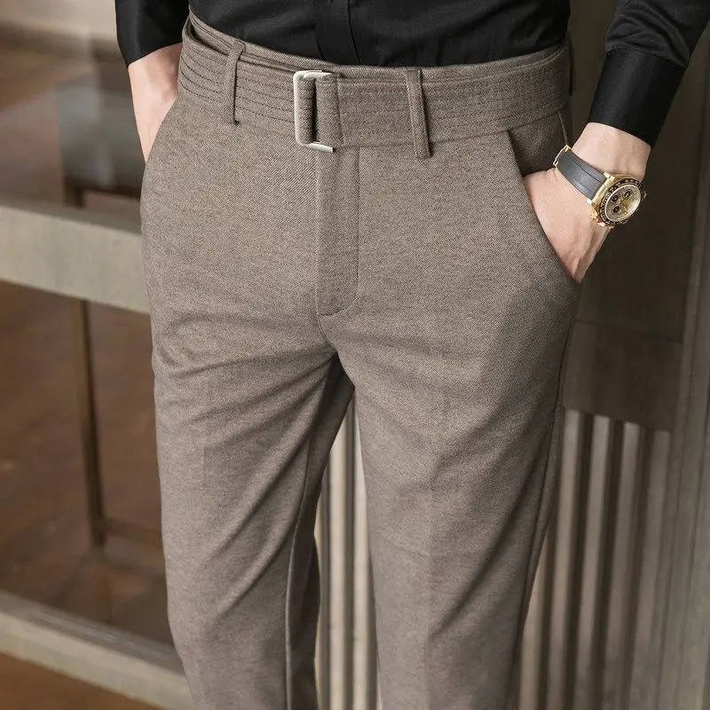 Top Trends: 2023 Spring Autumn And Winter Business Casual Korean Edition Trendy High Waist With Belt Pocket Slim Fit Solid Woolen Suit Pants Shoppable Styles