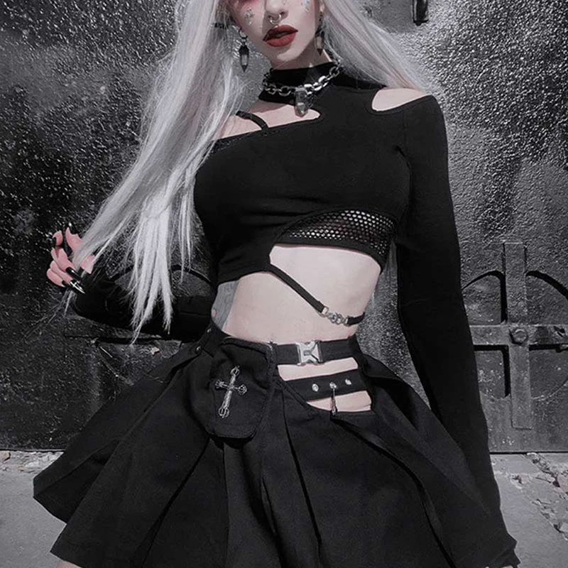 Top Trends: Goth Dark Mall Gothic Hollow Out Sexy T-shirts Grunge Aesthetic Techwear Irregular Crop Tops Punk Fishnet Splice Long Sleeve Tee Shoppable Styles