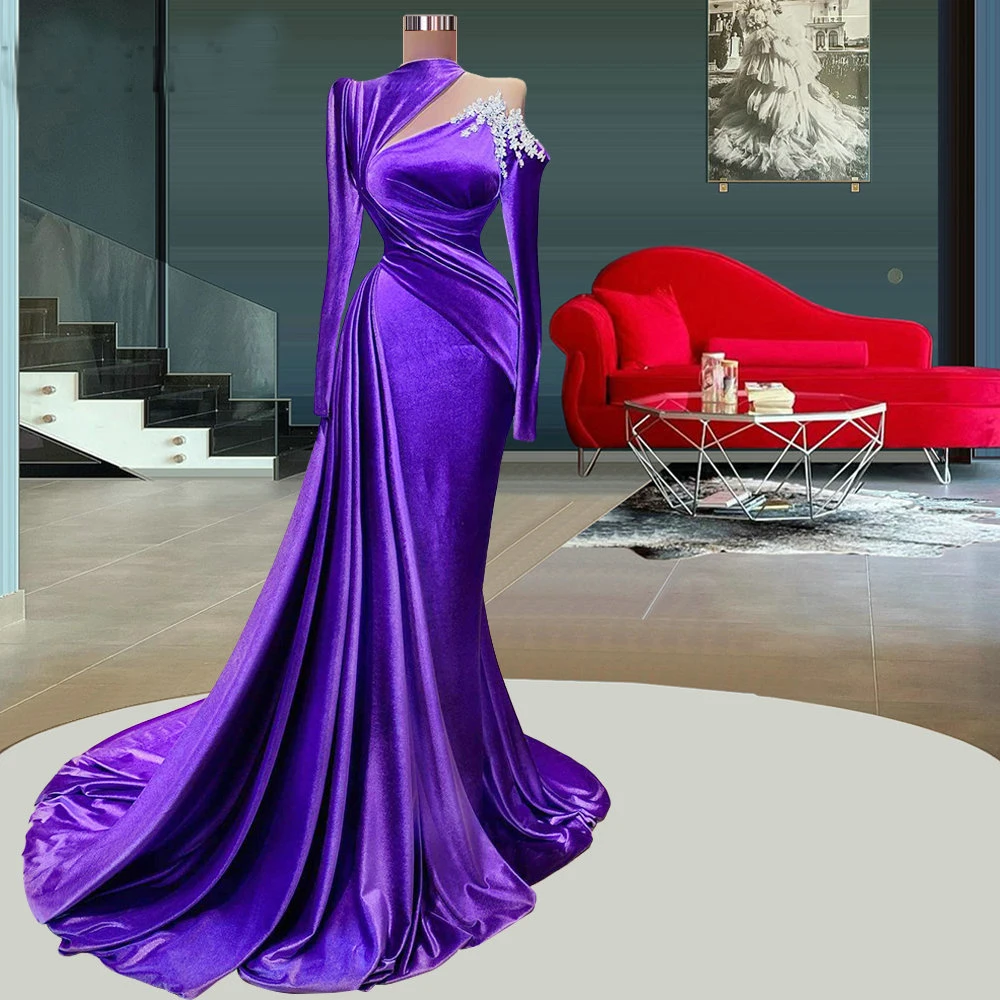 Top Trends: Purple Velour Long Sleeves Elegant Mermaid Evening Dresses 2023 Appliques Pleats Women Prom Formal Party Pageant Gowns Custom Shoppable Styles