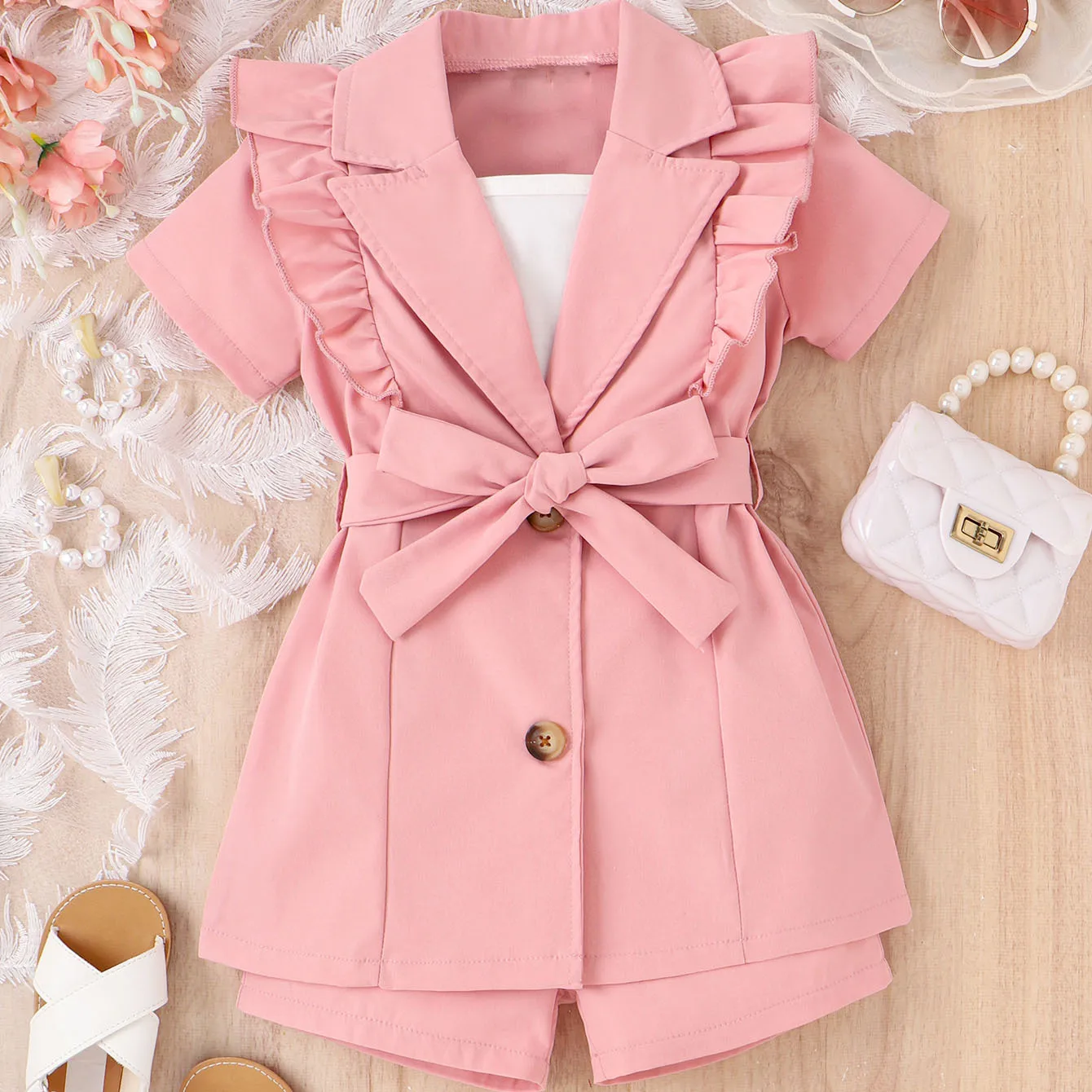 Top Trends: Summer Girl Suit Strap Solid Color+ Short Sleeved Lapel Suit Jacket+ Shorts 3Pcs Girls Outfits Korean Kids Children Clothing Sets Shoppable Styles