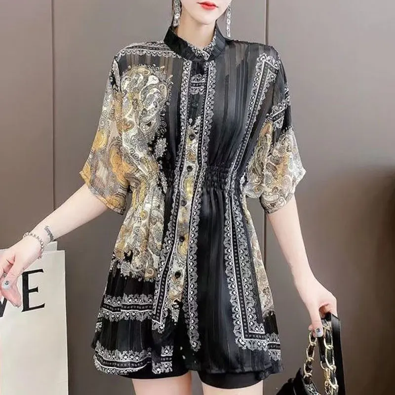 Top Trends: Vintage Printed Half High Collar Midi Shirt Summer Fashion Single-breasted Women&#039;s Clothing Half Sleeve Loose All-match Blouse Shoppable Styles