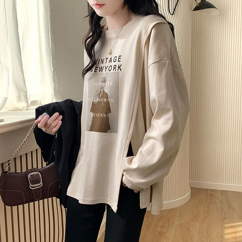 Top Trends: Personality Design Sense Niche Hem Split Long Sleeved Top Women With Bottom Layer Printing Letter Lady All-match T-shirt Shoppable Styles - Image 2