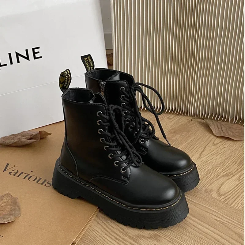 Top Trends: 2023 Front Lace-up Combat Boots 5Cm Chunky Heel Platform Women Boots British Style Thick Sole Increase Height Casual Boots Shoppable Styles