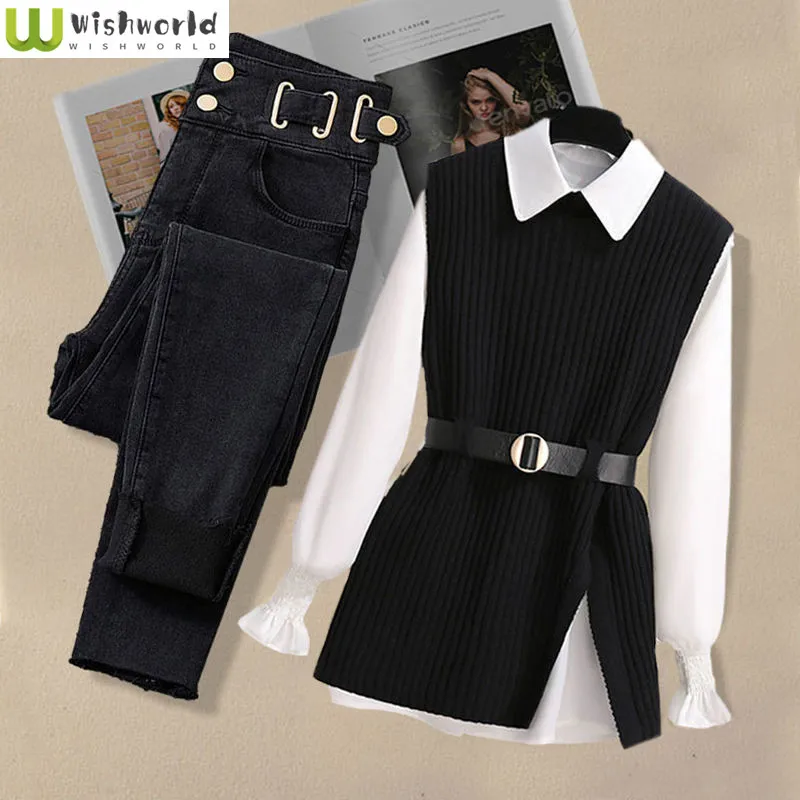 Top Trends: Large Autumn And Winter Suit For Women 2023 New Korean Fashion Knitted Vest Shirt Casual Slim Jeans Three Piece Set Shoppable Styles