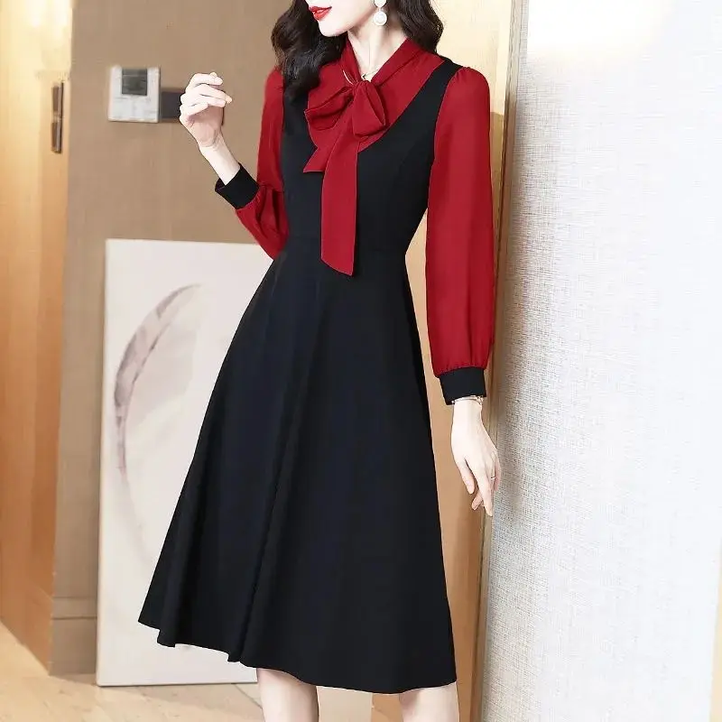 Top Trends: Temperament Contrast Ladies Dresses Spring Autumn Bow Long Sleeve Fake Two Pieces Loose Midi Dress Fashion Elegant Women Clothes Shoppable Styles