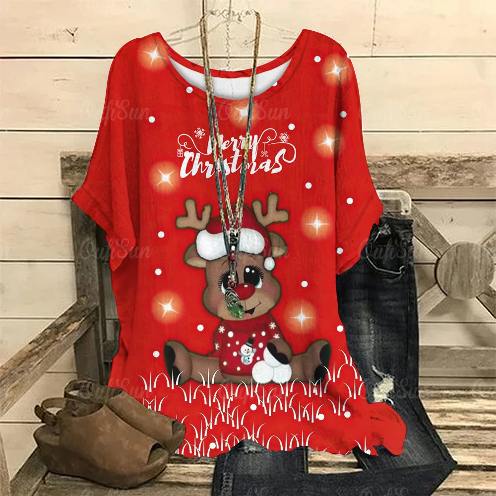 Top Trends: Christmas Elk Print Women's T-Shirt Autumn Winter Fashion Clothing Oversized O-Neck Ladies Short Sleeve Tops Casual Pullover Tee Shoppable Styles