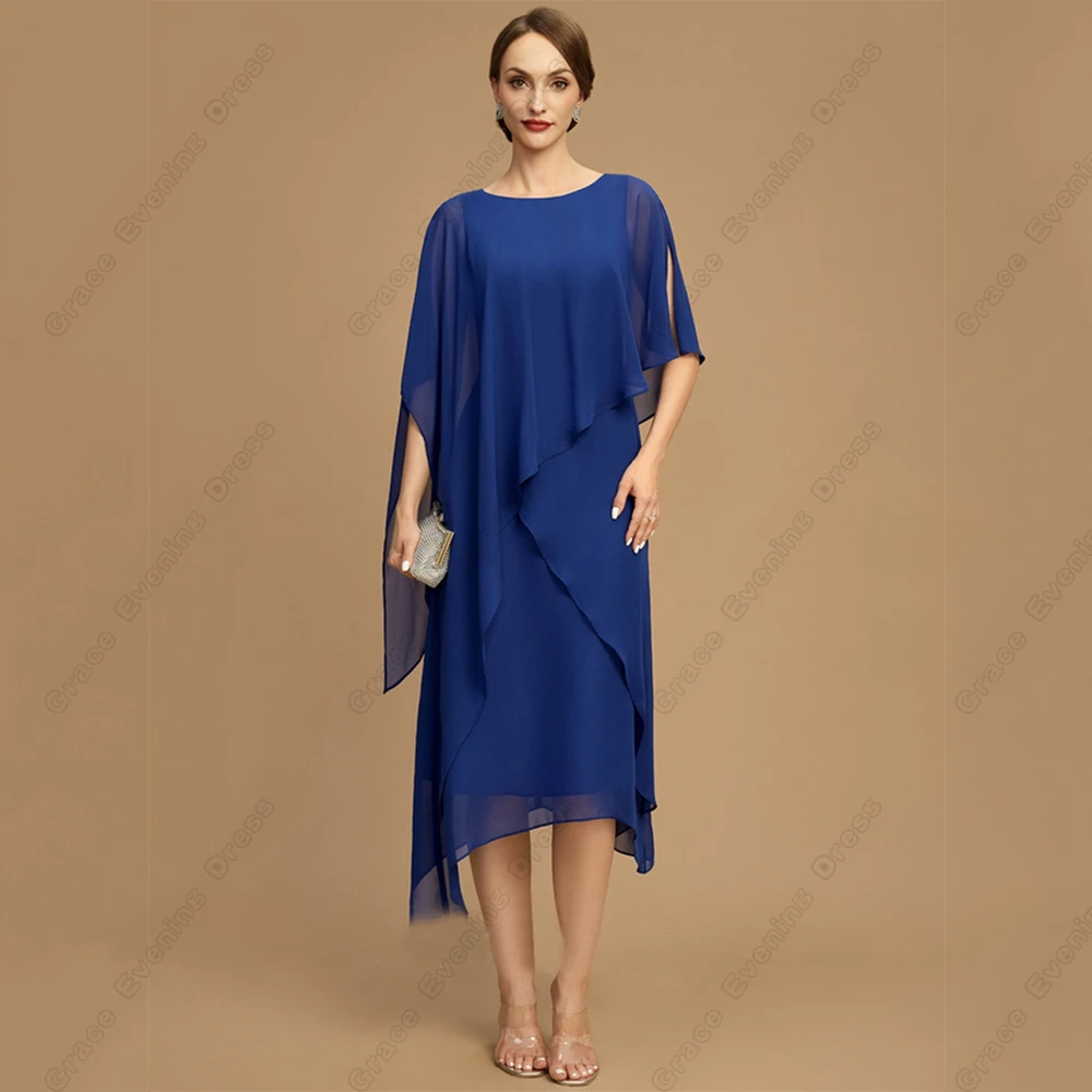 Top Trends: Blue Scoop Mother Of Bride Dresses With Chiffon Half Sleeve 2023 Summer Tea Length Wedding Party Gown Vestido De Noche New Shoppable Styles