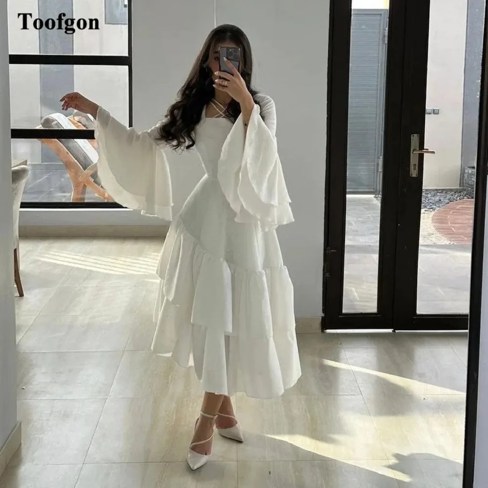 Top Trends: Beach Chiffon Wedding Dresses Trumpet Sleeves Square Wedding Gowns Tiered Ankle Length Midi Bridal Gowns Formal Party Outfits Shoppable Styles