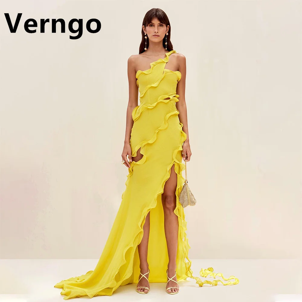 Top Trends: Verngo Yellow Stretch Frabic Party Dress For Women Spain Side Slit Sexy Formal Gown One Shoulder Prom Gown Cut Out Evening Dress Shoppable Styles