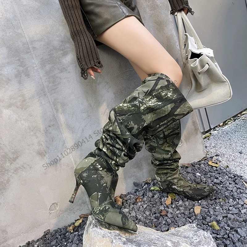 Top Trends: Mixed Color Camouflage Pleated Pointed Toe Boots Slip On Women Shoes Thin High Heels Novel Sexy Fashion 2023 Zapatos Para Mujere Shoppable Styles