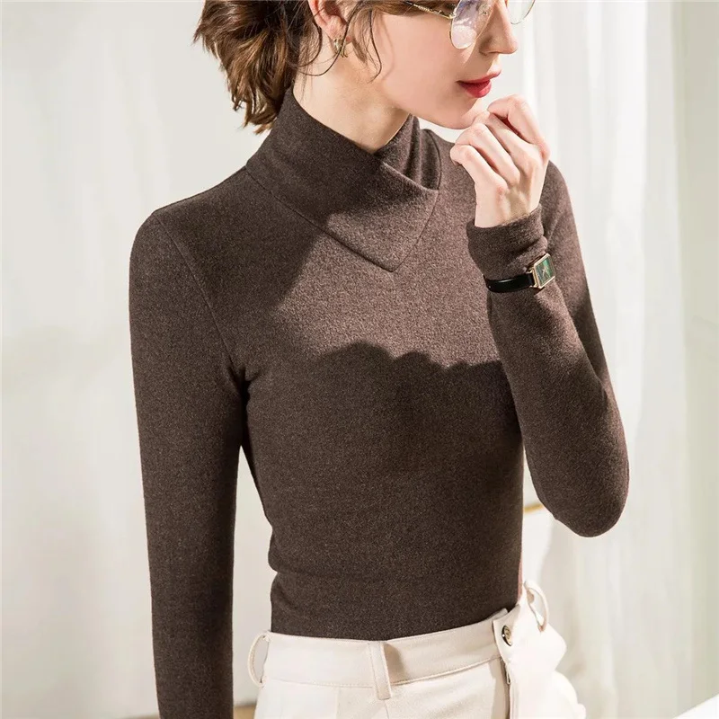 Top Trends: Korean Fashion Elegant Thick Warm Half High Collar Basic T Shirt Women Autumn Winter Solid Slim Long Sleeve Ladies Tops Clothes Shoppable Styles - Image 6