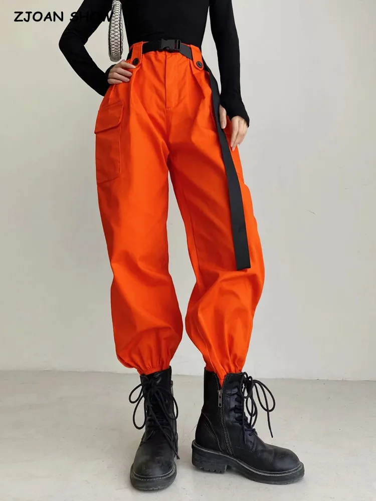 Top Trends: Y2K Orange Overalls Multi-pocket Women's BF Loose Straight Sports Thin Jazz Pants Black Belt Trousers Casual Korean Clothes Shoppable Styles