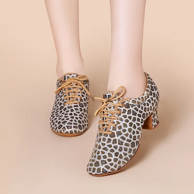 Top Trends: Latin Dance Shoes Female Adult High-heeled Square Social Dance Shoes Indoor Sports Breathable Shoes Cloth Leopard Print Shoppable Styles