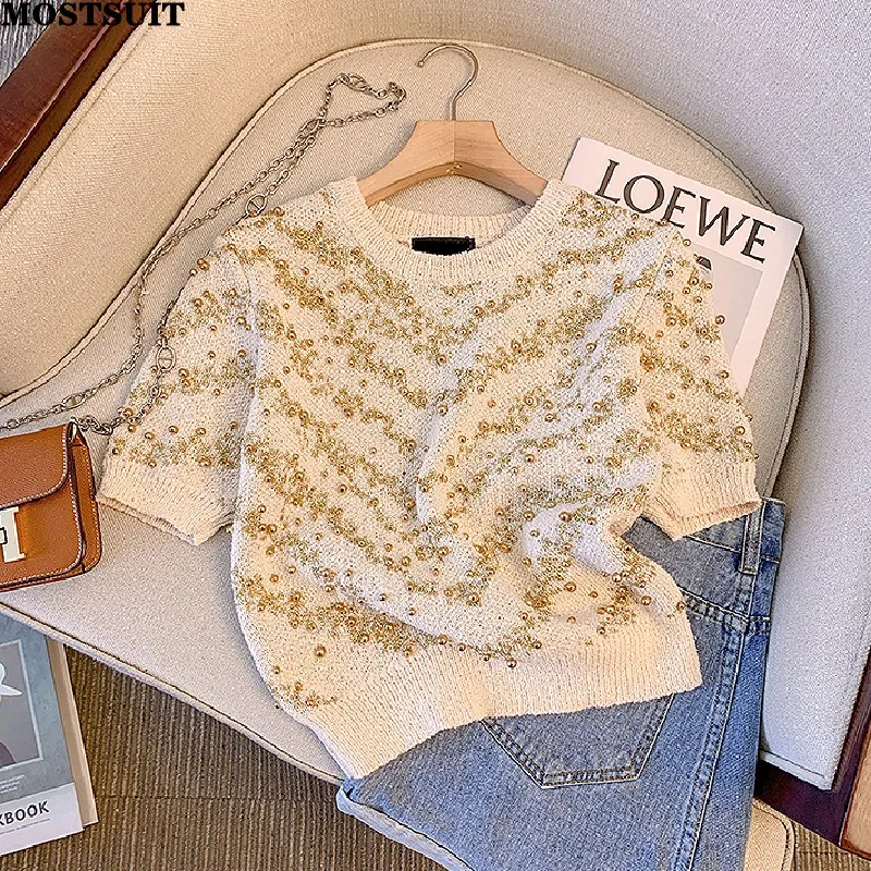 Top Trends: 2023 Summer Stylish Beading Sweater Women Knitted Tshirt Tops Short Sleeve O-neck Fashion Chic Elegant Vintage Ladies Knitwear Shoppable Styles