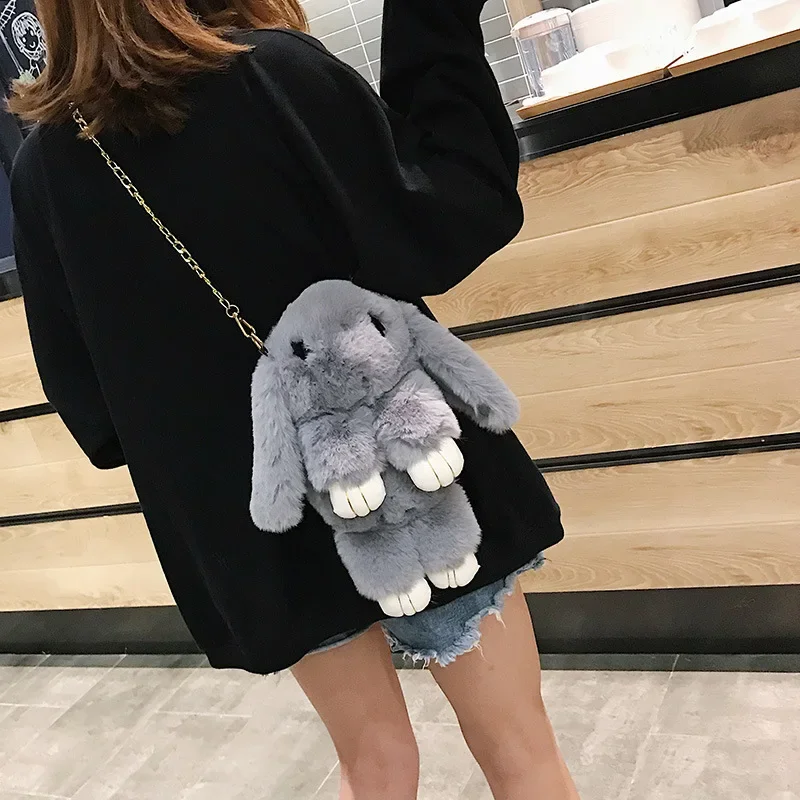 Top Trends: Cute Plush Rabbit Fur Pompon Bunny Backpack Handbag Women Girls Fluffy Eyelash Rabbit Chains Messenger Bag Party Gift Shoppable Styles