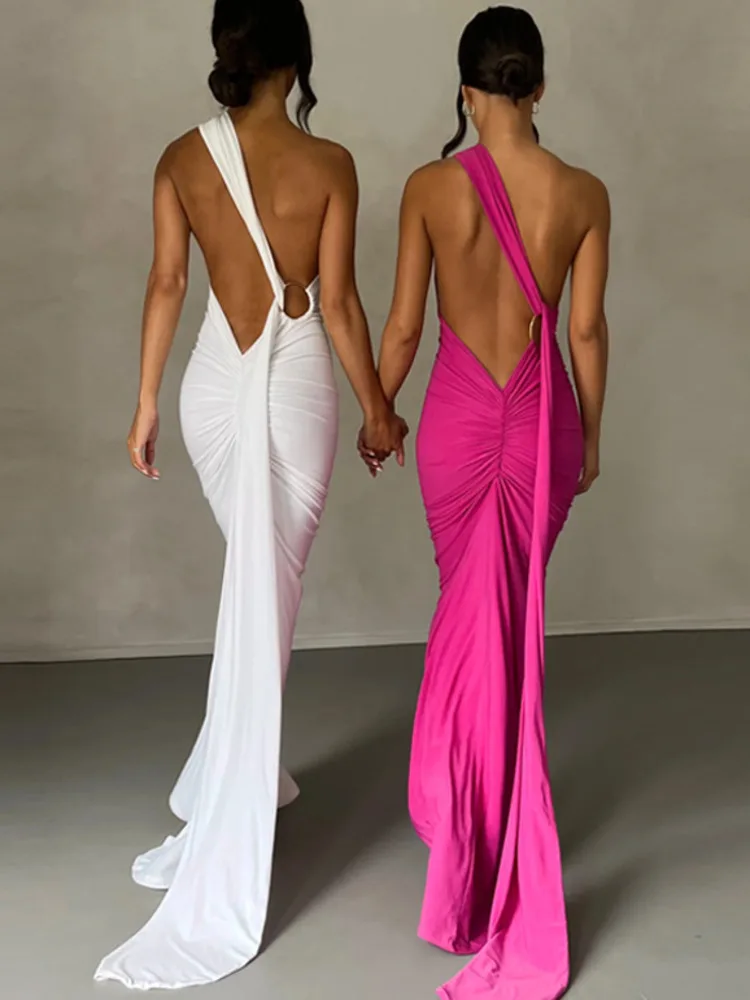 Top Trends: Mozision Oblique Shoulder Backless Maxi Dress For Women Gown Summer Back Strap Sleeveless Ruched Party Sexy Long Dress Vestidos Shoppable Styles