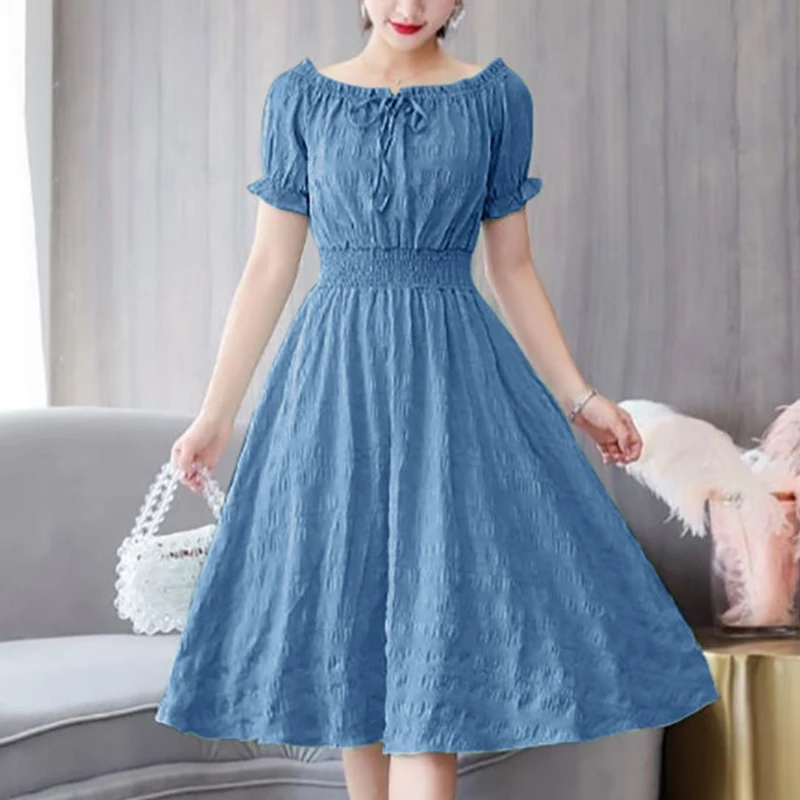 Top Trends: Summer New Solid Color Folds Lace Up Chiffon Dress Ladies One Word Collar Casual Fashion Waist Midi A-line Robe Femme Vestidos Shoppable Styles - Image 4