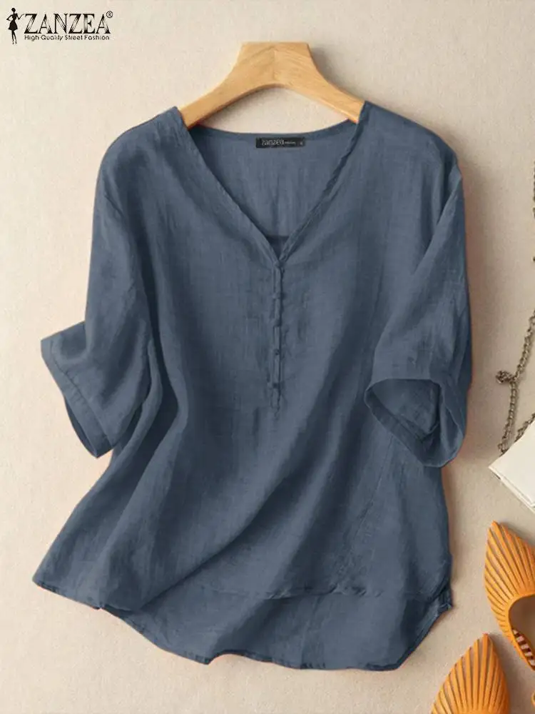 Top Trends: ZANZEA Summer Women Fashion Blouse 3 / 4 Sleeve V-Neck Cotton Tops Female Solid Color Korean Blouses Elegant Casual Chemise 2023 Shoppable Styles