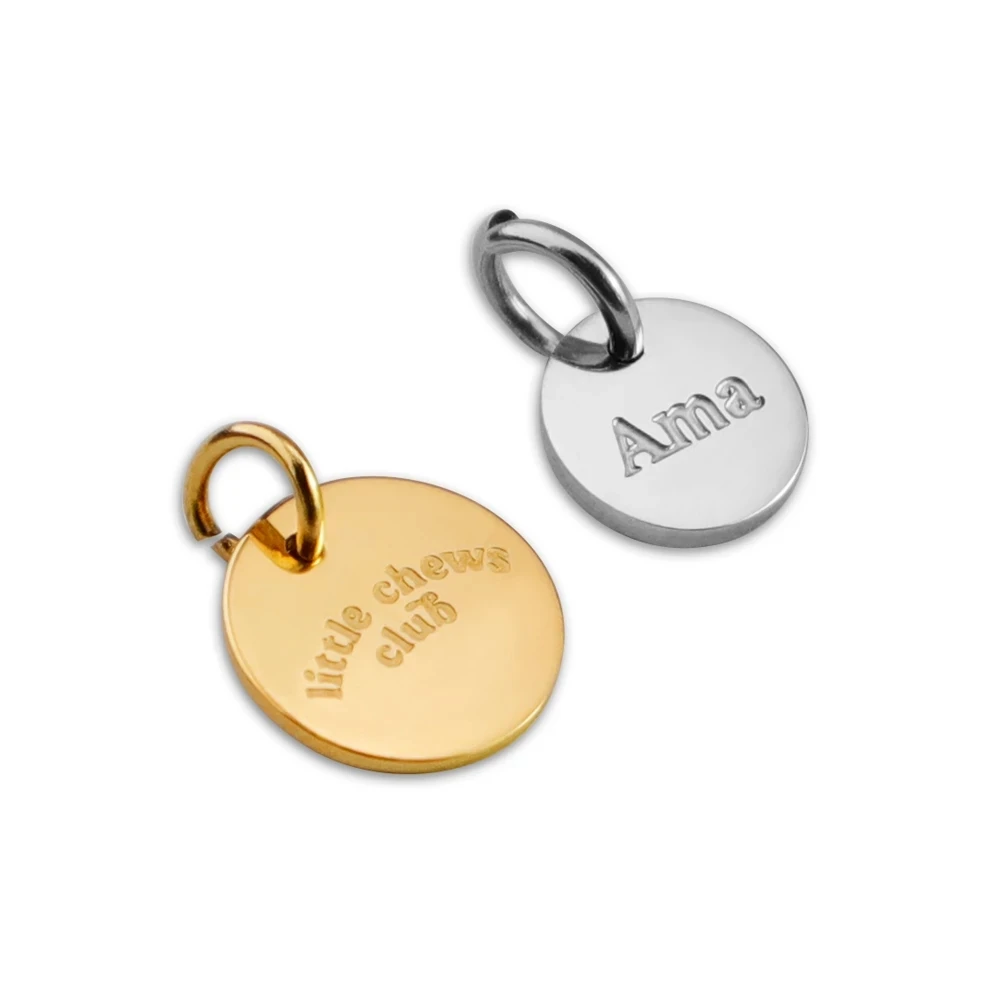 Top Trends: 50pcs Per Lot Etch Engraving Logo Tags Stainless Steel Circle Tags Deep Engraved Logo Tag Mirror Polished Wholesale Logo Charm Shoppable Styles