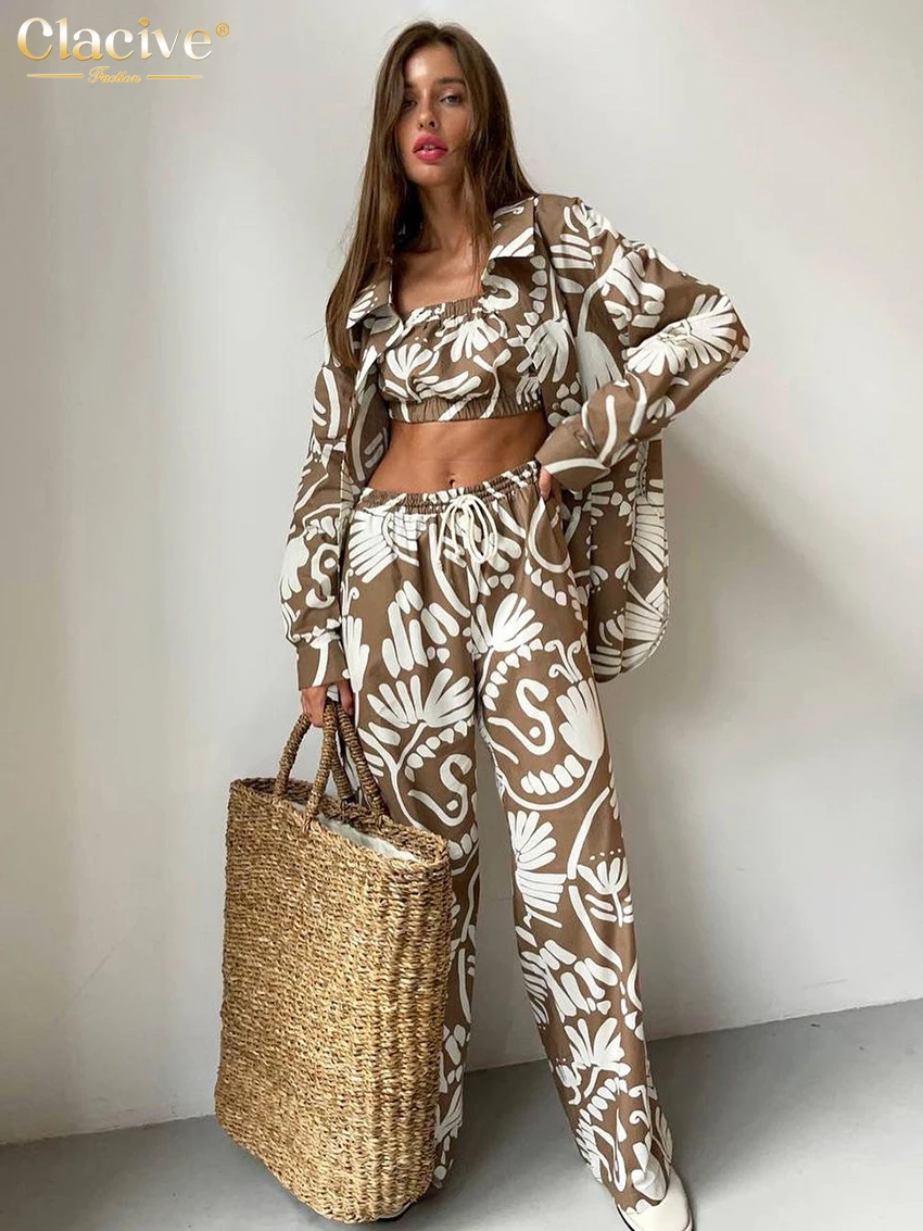 Top Trends: Clacive Fashion Loose Print 3 Piece Set Women Outfit Elegant Long Sleeve Blouse + Sleeveless Tube Top With High Waist Pants Set Shoppable Styles