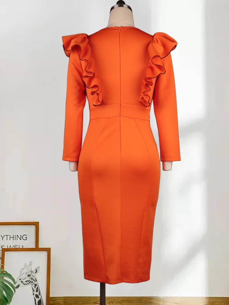 Top Trends: ONTINVA Plus Size Dresses Women Orange V Neck Long Sleeve Ruffles High Waist Bodycon Elegant Ladies Evening Event Party Gowns Shoppable Styles - Image 5