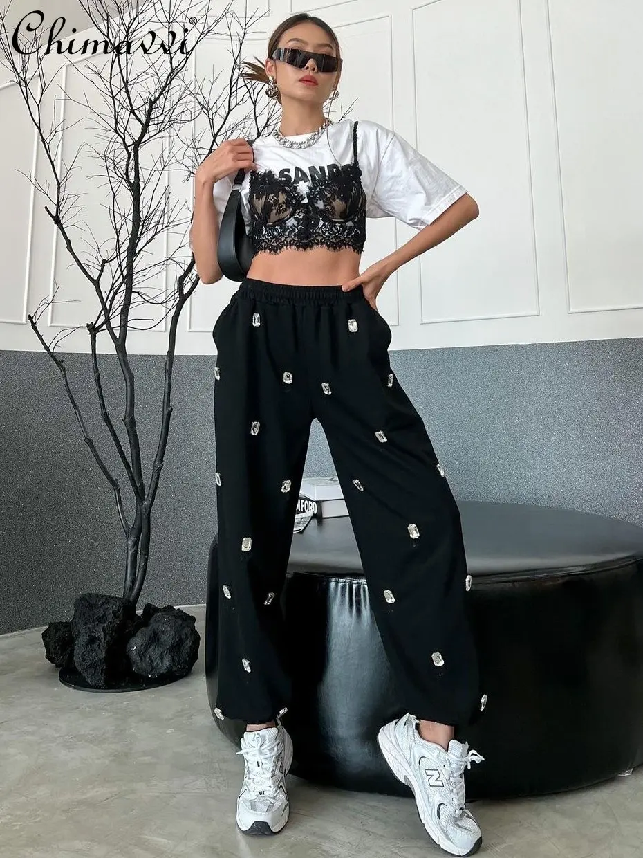 Top Trends: Cotton Rhinestone Heavy Loose Track Pants Female 2023 Spring / Summer New Fashion Casual Ankle-Tied High Waist Straight Sweatpants Shoppable Styles