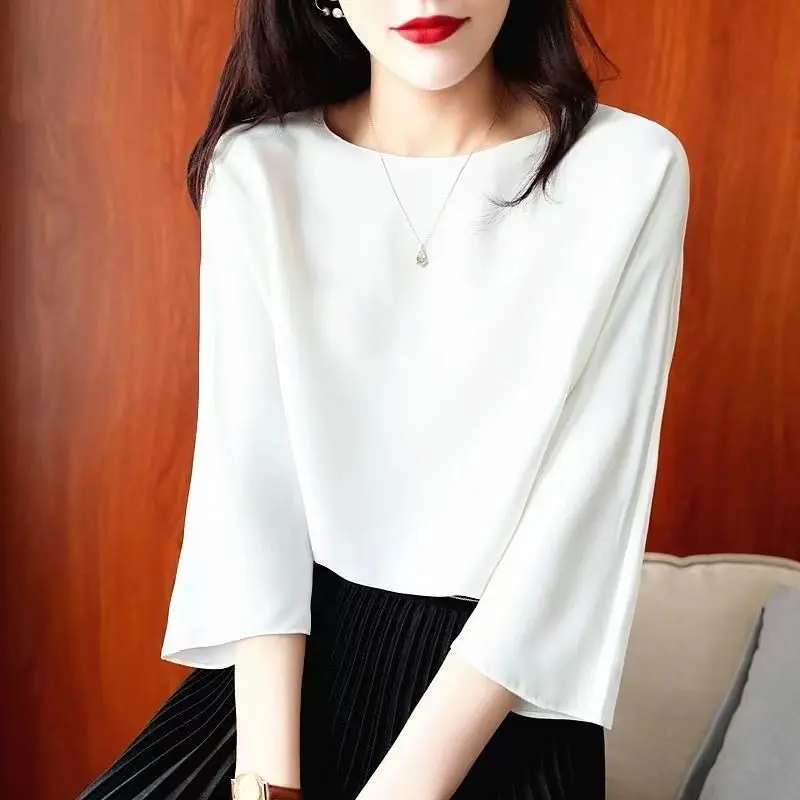 Top Trends: Elegant O-Neck Solid Color All-match Satin Blouse Women's Clothing 2023 Summer New Casual Pullovers Tops Loose Office Lady Shirt Shoppable Styles