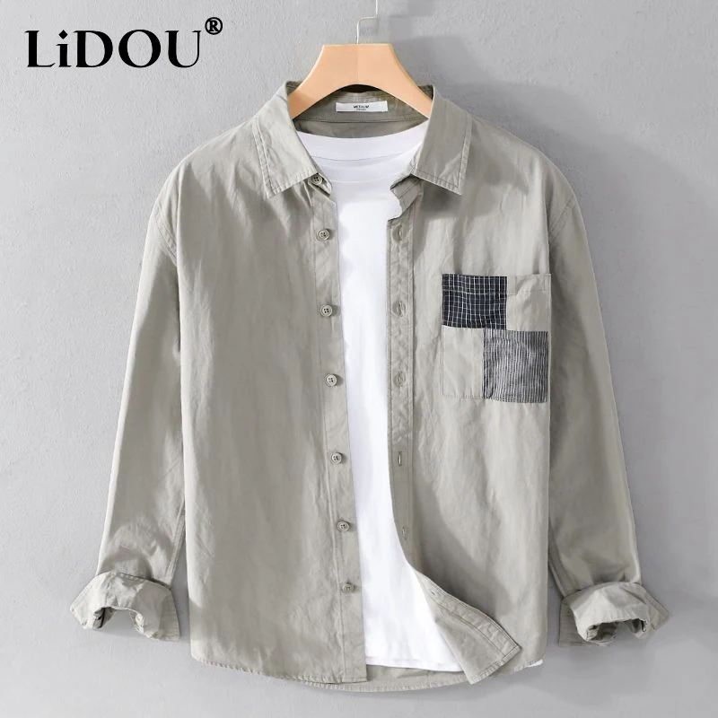 Top Trends: 2023 Spring Autumn Solid Long Sleeve Shirt Men Clothing Turn-down Collar Loose Casual Cardigan Man Simple Printed Pocket Tops Shoppable Styles