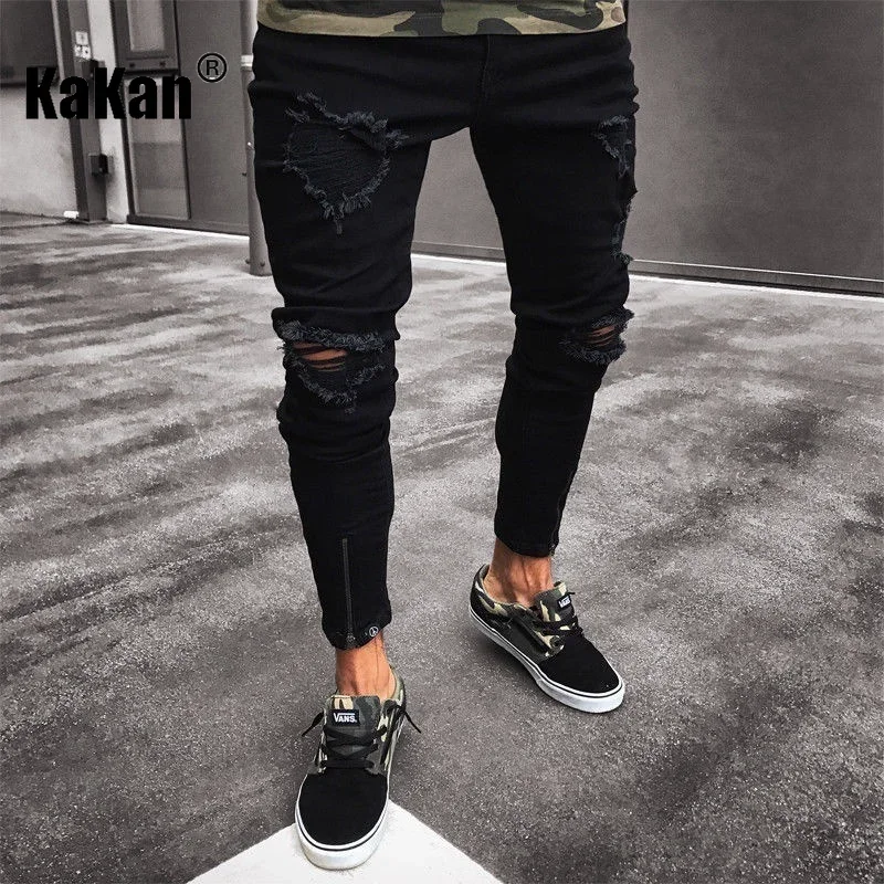 Top Trends: Kakan - New European And American Distressed Small Leg Jeans For Men, High Street Slim Fit Elastic Motorcycle Long JeansK49-8555 Shoppable Styles