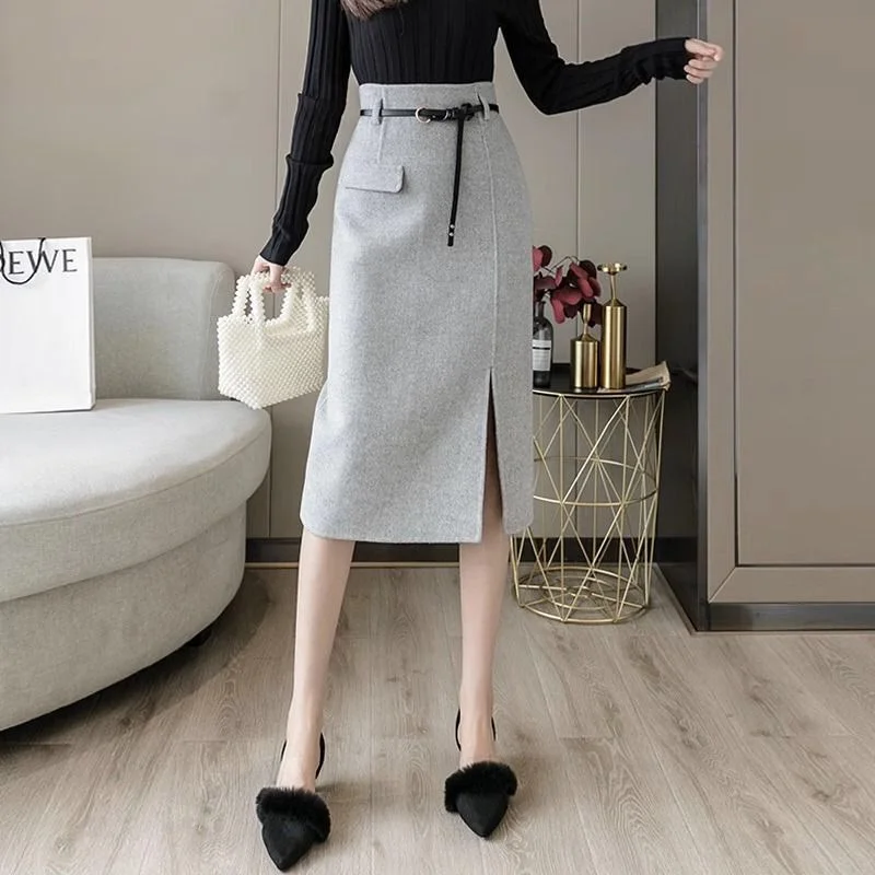 Top Trends: Grey Winter Office Skirts For Women Dressy Casual A-line Stretchy Bodycon High Waist Slit Elegant Party Midi Skirt With Belt Shoppable Styles