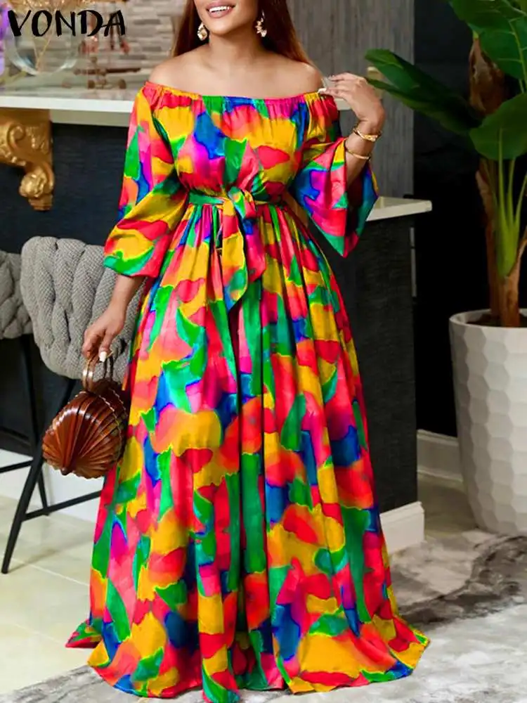 Top Trends: 2023 VONDA Party Dress Oversize Women Summer Off Shoulder Maxi Evening Dresses Bohemian Elegant Long Sundress Print Vestido Robe Shoppable Styles