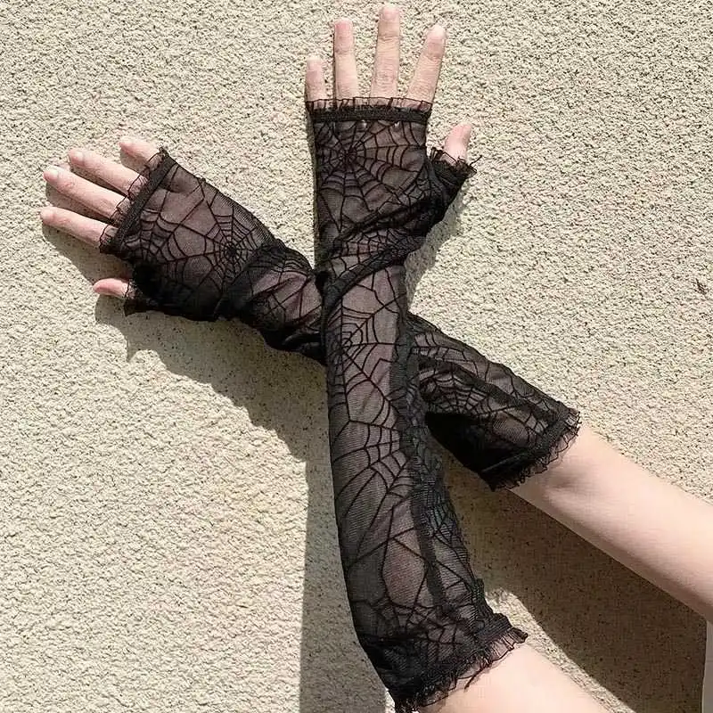 Top Trends: 1pair Women Spider Web Pattern Gloves Sexy Fashion Female Lace Gloves Ladys Driving Punk Goth Dance Mesh Black Fingerless Gloves Shoppable Styles