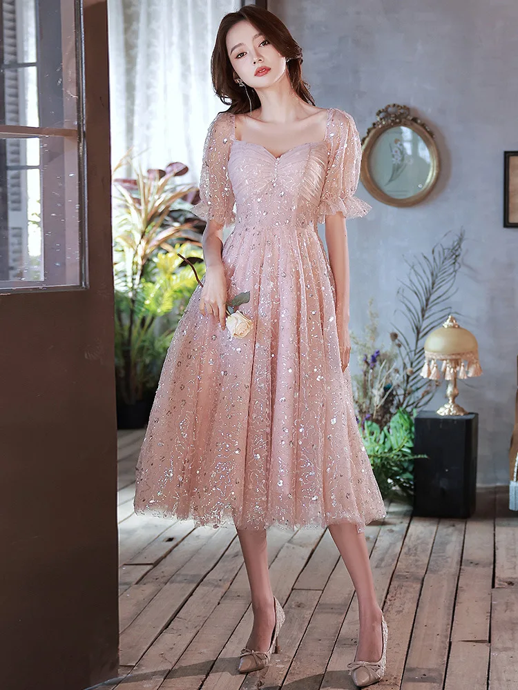 Top Trends: Bling Pink Women's Prom Dress Glitter Sequin Tulle A-Line Birthday Party Dresses Sweet Banquet Mid-Length Princess Gowns Shoppable Styles - Image 3