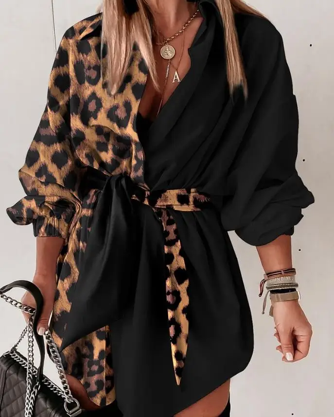 Top Trends: Dresses For Woman 2023 Leopard Print Lantern Sleeve Long Sleeve Belted Casual Daily Mini Female Shirt Dress With Belt Shoppable Styles