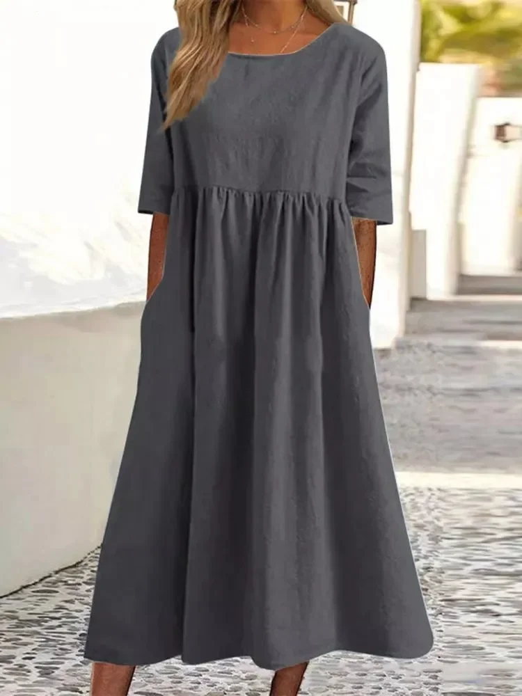 Top Trends: 2024 Spring Cotton Women Dress Oversize Grey O-neck Long Dresses Female New Summer Elegant Casual Fashion Loose Ladies Clothes Shoppable Styles