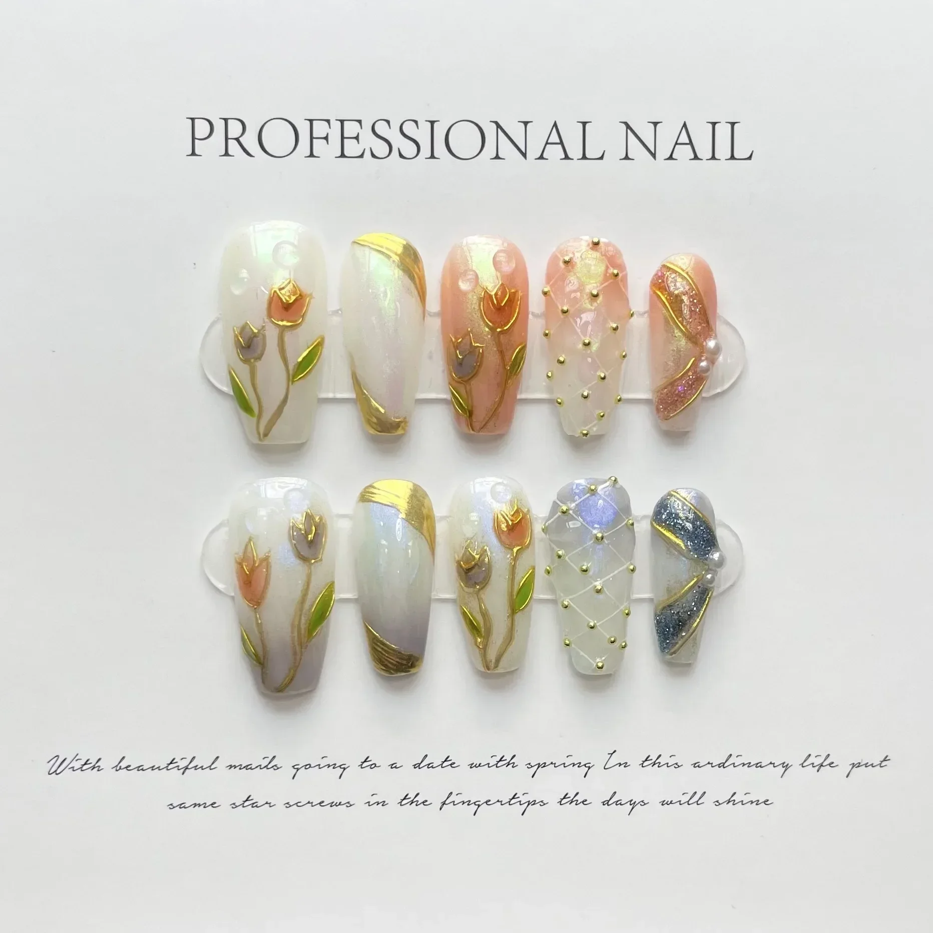 Top Trends: 10Pcs Tulips Handmade False Press On Nails French With Rhinestones Full Cover Ballerina Fake Nails Wearable Decoration Nail Tips Shoppable Styles