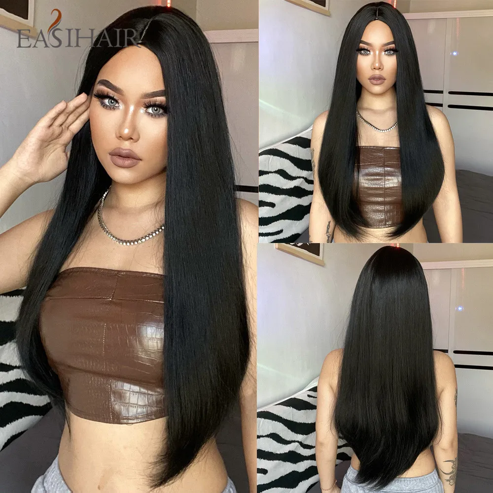 Top Trends: EASIHAIR Long Straight Black Synthetic Wig Middle Part Hair Wig For Black Women Daily Party Cosplay Natural Heat Resistant Fiber Shoppable Styles