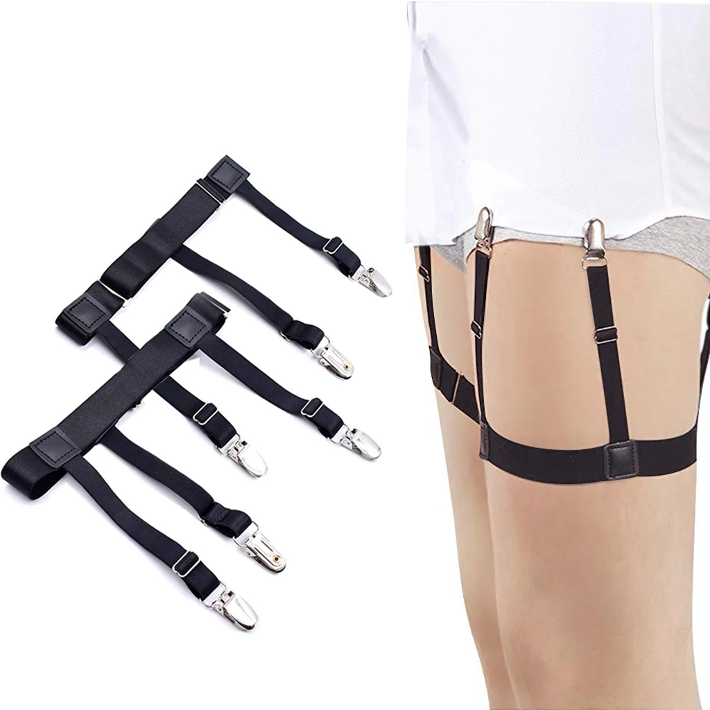 Top Trends: 2pcs Men‘s Shirt Stays Garters Adjustable Elastic Leg Suspenders Shirt Holders Straps Belt Non-slip Locking Clamps Black Shoppable Styles