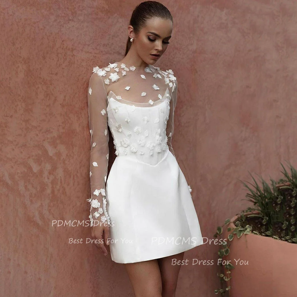 Top Trends: Sexy Solid Satin Short Wedding Dresses High Neck Bodycon Bridal Gowns 3D Appliques Princess Lace Beach Simple Mini Bride Dress Shoppable Styles