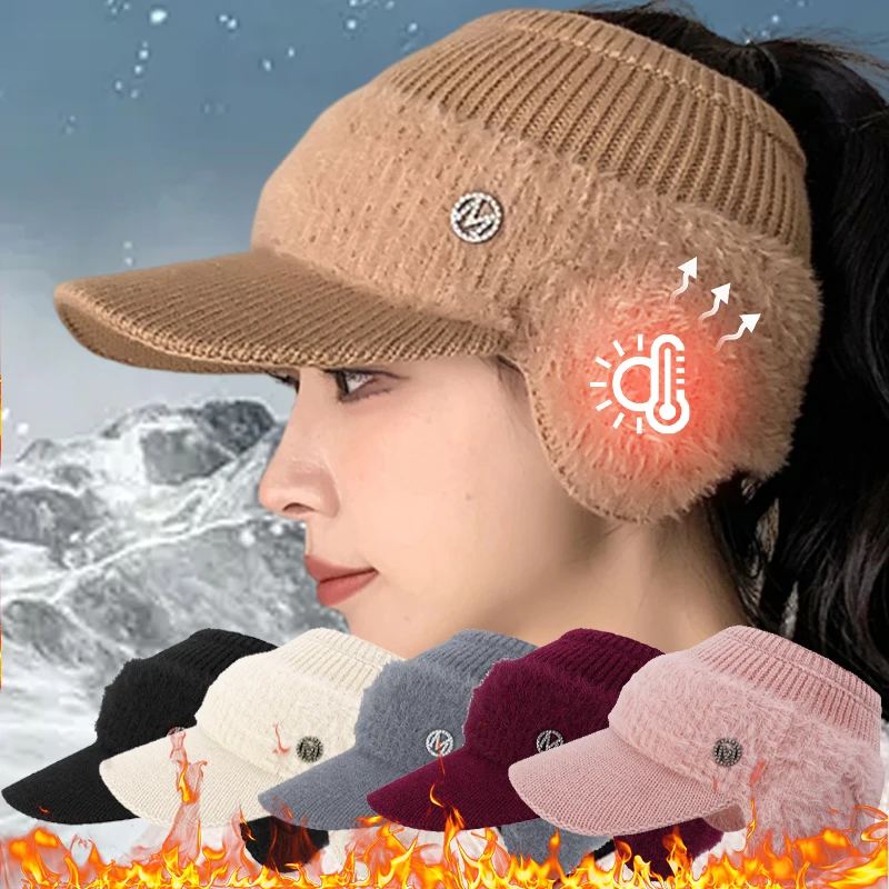 Top Trends: 2023 New Autumn Winter Fashion Women's Knitted Thicken Fleece Hat Ladies With Earflaps Hats Empty Top Baseball Cap For Female Shoppable Styles