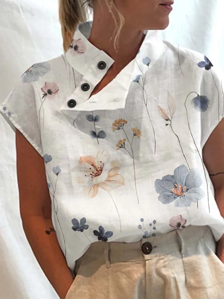 Top Trends: Leisure Summer Blouse Women Tops Vintage Floral Print Short Sleeve White Blouses Casual Buttons Slit Stand Neck Top Blusas Shoppable Styles