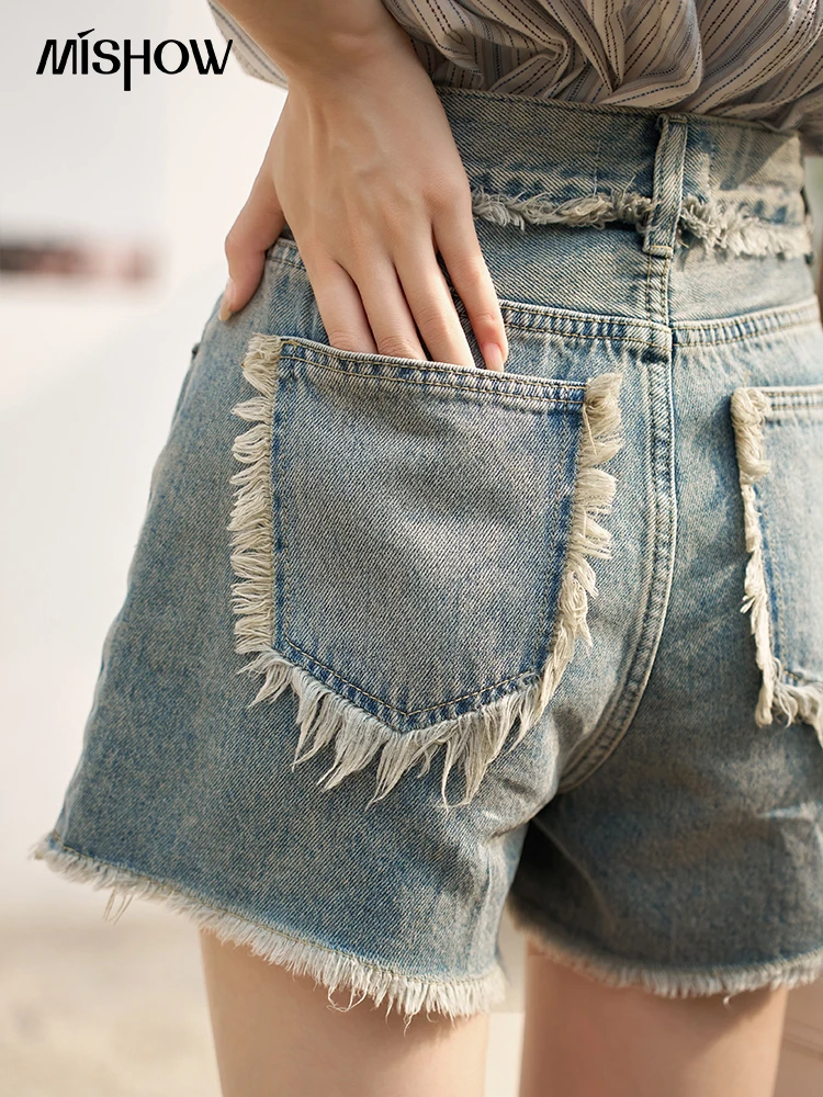 Top Trends: MISHOW Women's Retro Denim Shorts 2023 Summer Tassel Edge High Waist Distressed Pockets Casual Versatile Short Pants MXC35K0086 Shoppable Styles - Image 2