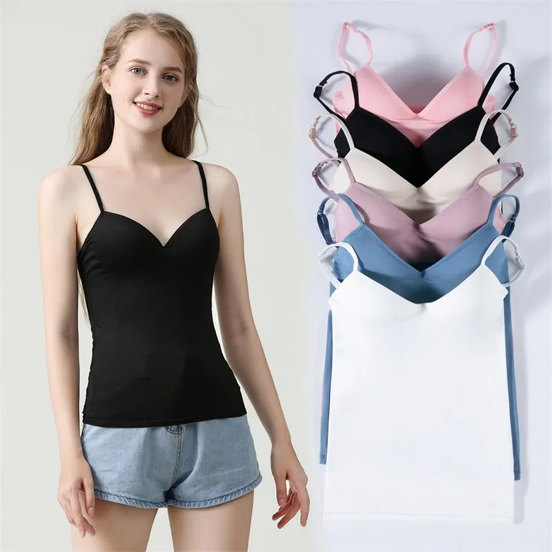 Top Trends: New Adjustable Padded Bra Tank Top Women Modal Spaghetti Solid Cami Top Vest Female Camisole With Built In Bra Fitness Clothing Shoppable Styles