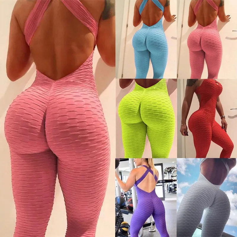 Top Trends: Sexy Backless Jumpsuits Women Solid Fitness Push Up Yoga Suits Elastic Seamless Jacquard Bubble Gym Sportswear Workout Clothes Shoppable Styles