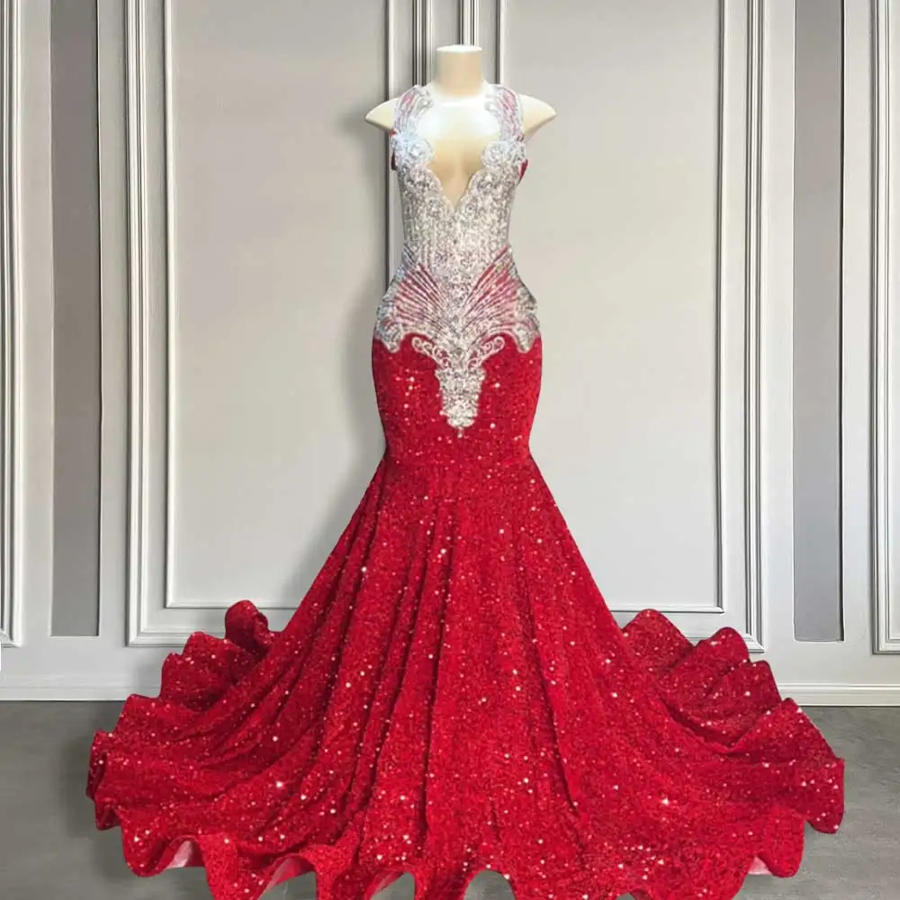 Top Trends: Sparkly Red Sequin Mermaid Prom Dresses 2024 Luxury Silver Crystal Beaded Sheer Neck Long Prom Gowns For Black Girls Shoppable Styles