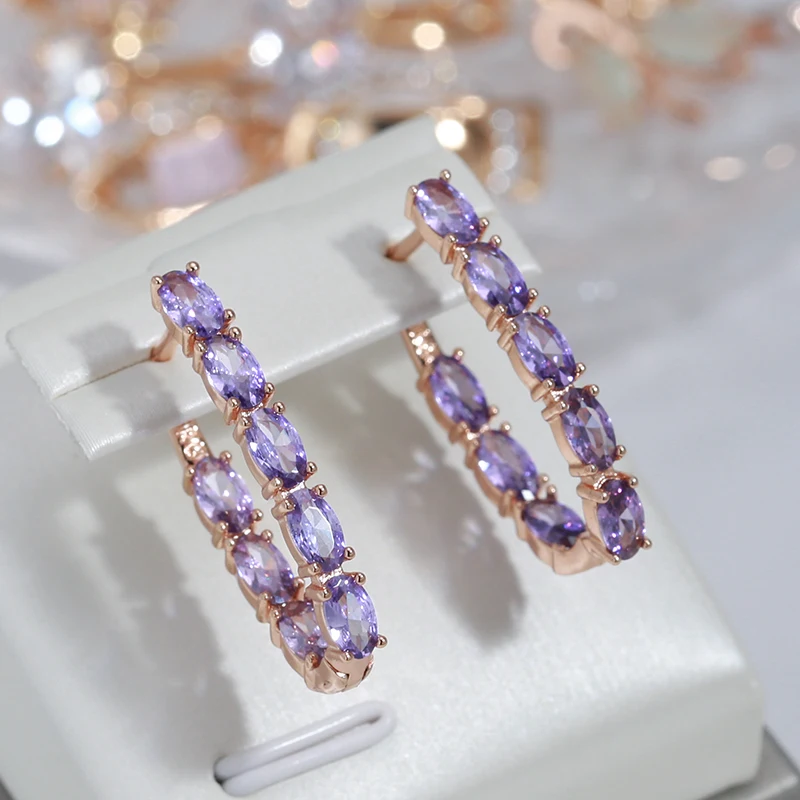 Top Trends: Luxury Full Claw Oval Purple Zircon Metal Earrings 585 Gold Color Ear Drop Statement Jewelry Women Party Wedding Accessories Shoppable Styles