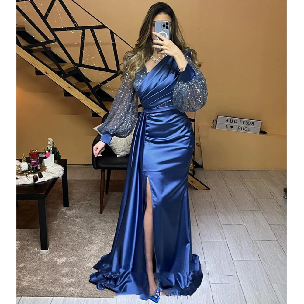 Top Trends: Dark Blue Evening Gownes Women's Elegant Transparent Long Sleeve Satin Mermaid Side Split Sexy V-Neck Formal Prom Dresses Party Shoppable Styles