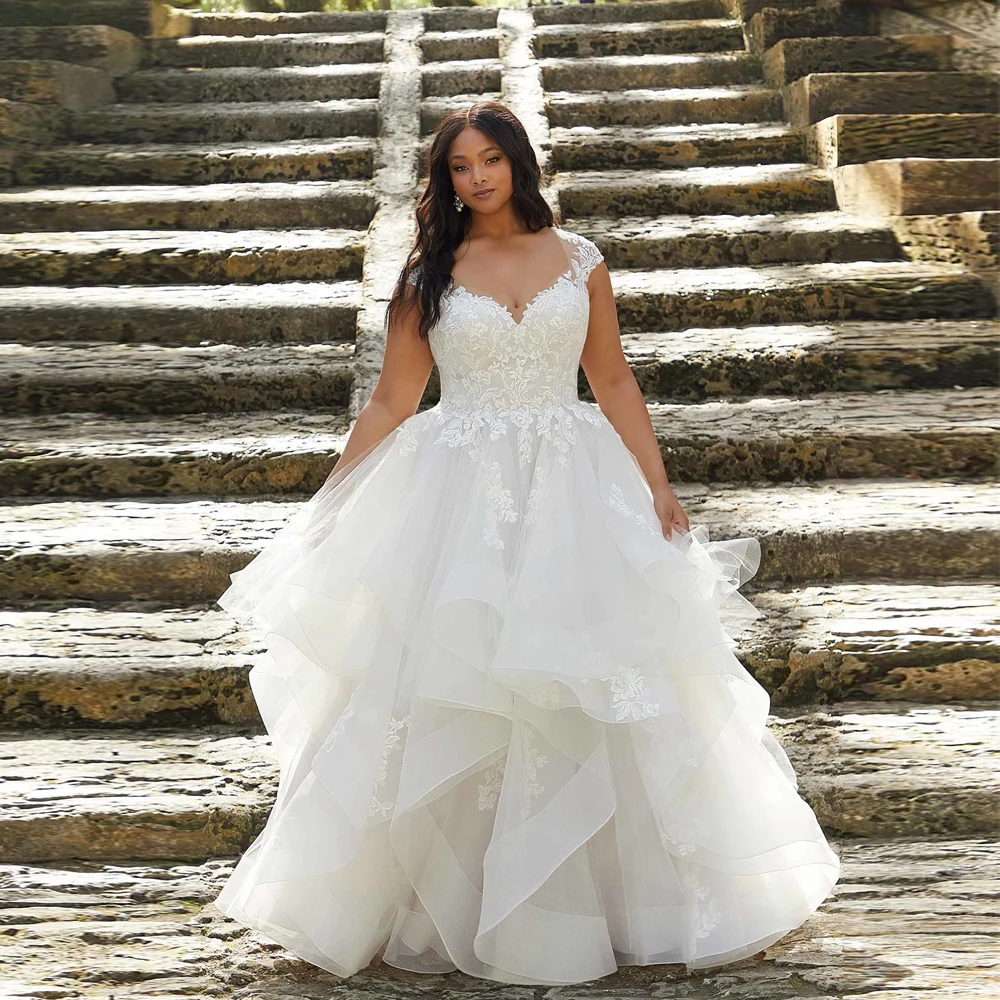 Top Trends: Classic Wedding Dresses Plus Size V Neck Cap Sleeves Bride Gowns Appliques Tiered Tulle Sweep Train A-Line Robe De Mariée 2023 Shoppable Styles