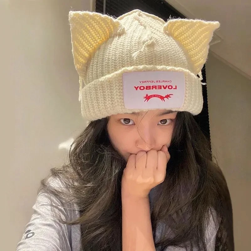 Top Trends: Lover Boy Pig Ear Knit Hat Double-layer Warm Cat Ear Woolen Hat Cute Fashion Hooded Cap Niche Design Hip-hop Personality Hat Shoppable Styles